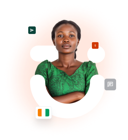 Mulher sorrindo com os braços cruzados com algumas moedas e conquistas ao redor dela