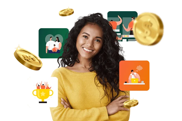 A smiling woman with her arms crossed, surrounded by coins and memorabilia.
